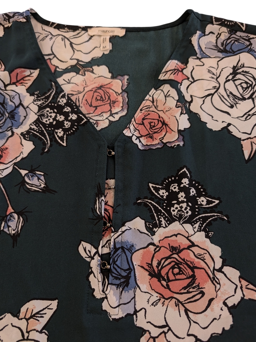 Maurices Floral V-Neck Top in Dark Green with Pink, Blue, & Cream Roses - Picture 3 of 6